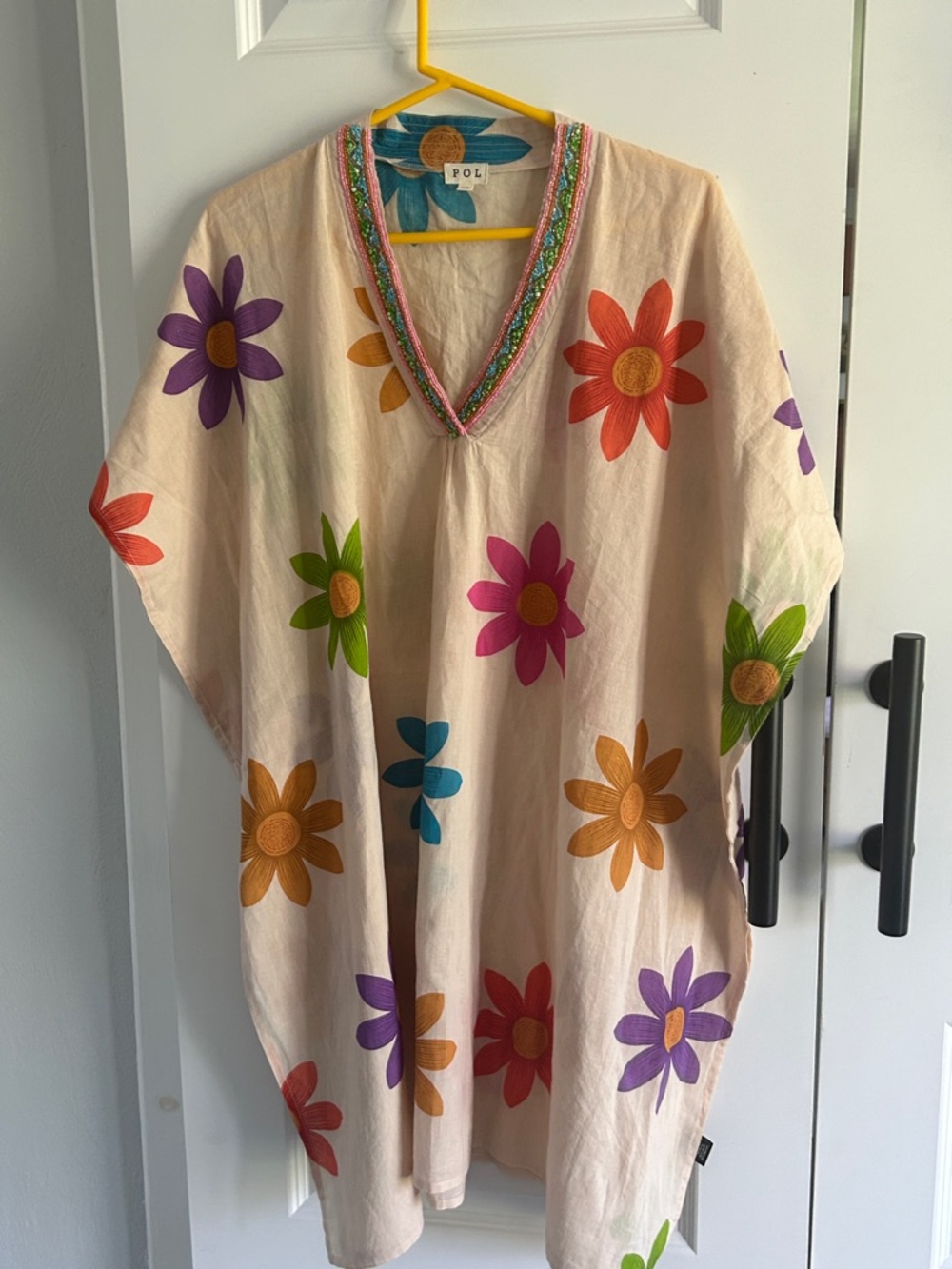 POL Colorful Floral beaded cotton Caftan Tunic size medium - Picture 2 of 6